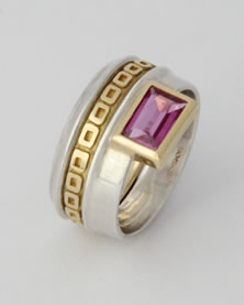 Three band 'Stacking Ring' in siver and 18K gold with Pink Sapphire